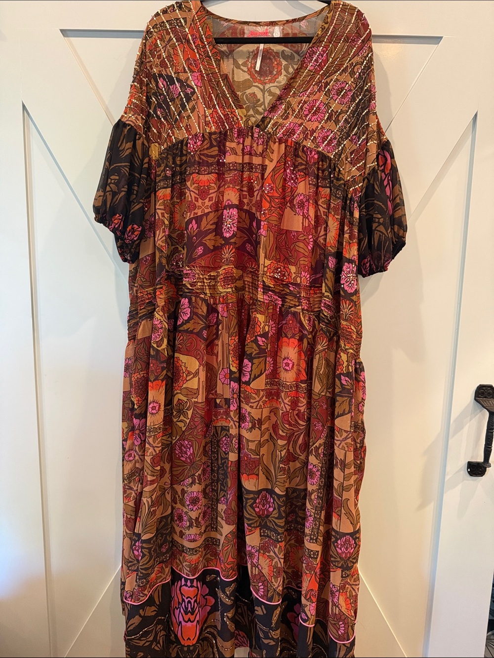 Free People Floral Tiered Maxi Dress in Brown & Pink